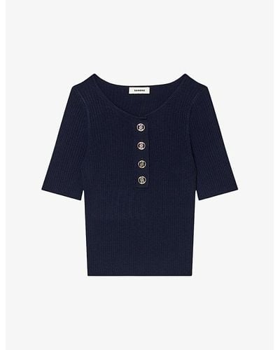 Sandro Button-embellished Ribbed Woven Top - Blue