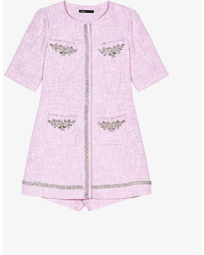 Maje Rhinestone-embroidered Short-sleeve Tweed Playsuit - Pink