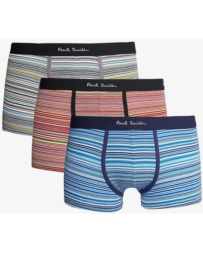 Paul Smith Branded-waistband Pack Of Three Stretch-organic Cotton Trunks - Blue