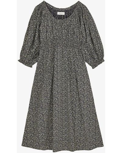 Skall Studio Carole Floral-print Puff-sleeve Organic-cotton Midi Dress - Grey