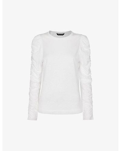 Whistles Round-neck Ruched-sleeve Cotton-blend Top - White