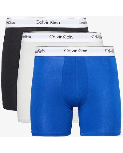 Calvin Klein Branded-waistband Mid-rise Pack Of Three Stretch-cotton Trunk - Blue