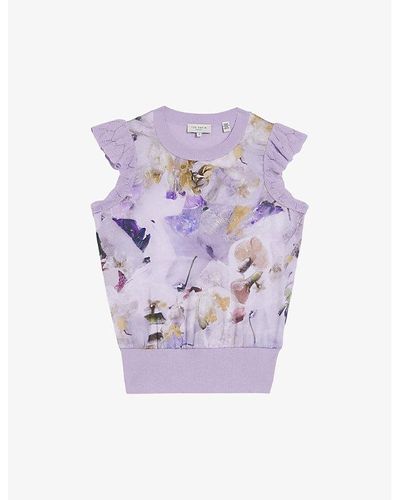 Ted Baker Frilled-shoulder Floral-print Woven Top - Purple