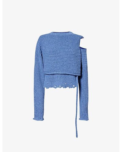 OTTOLINGER Distressed Wrap-around Recycled Cotton And Polyester-blend Knitted Sweater X - Blue