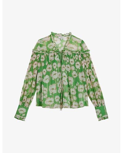 Ted Baker Floral-print Pleated Woven Top - Green