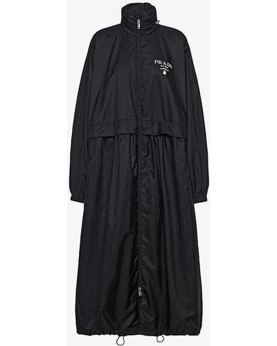 Prada Brand-print Drawstring-hem Re-nylon Hooded Raincoat - Black
