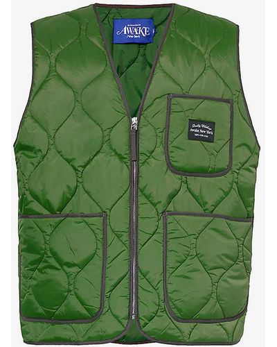 AWAKE NY Quilted-pattern V-neck Regular-fit Shell Gilet - Green
