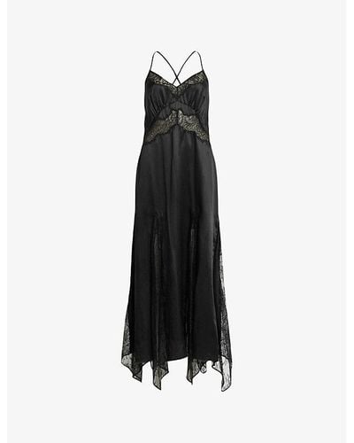 AllSaints Jasmine Lace-embroidered Asymmetric-hem Woven Midi Dress - Black