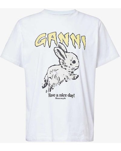Ganni Bunny Graphic-pattern Organic-cotton T-shirt - White