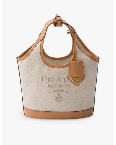 Prada Logo-embossed Mini Linen And Leather Tote Bag - Grey