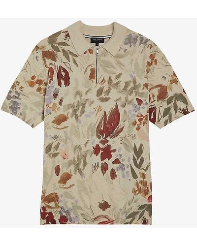 Ted Baker Graphic-print Half-zip Cotton-knit Polo Top - Natural