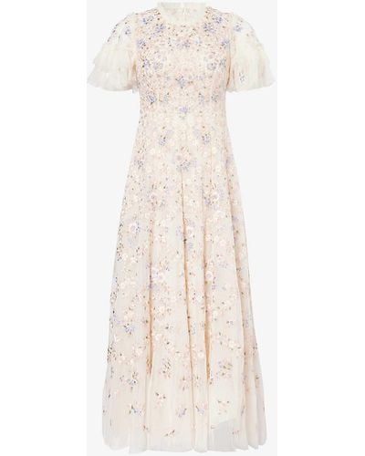 Needle & Thread Floral Waltz Ruffle-trim Recycled-polyester Maxi Dress - Natural