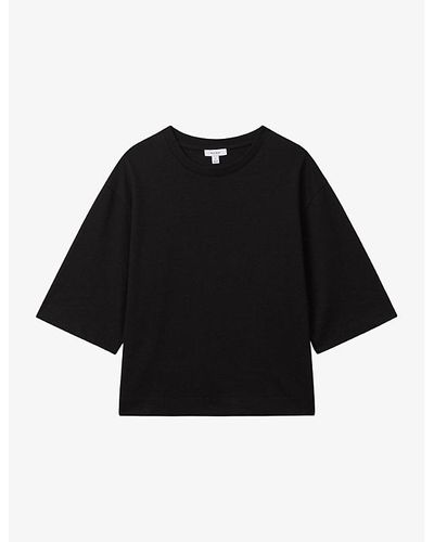 Reiss Cassie Cropped Oversized Cotton T-shirt - Black