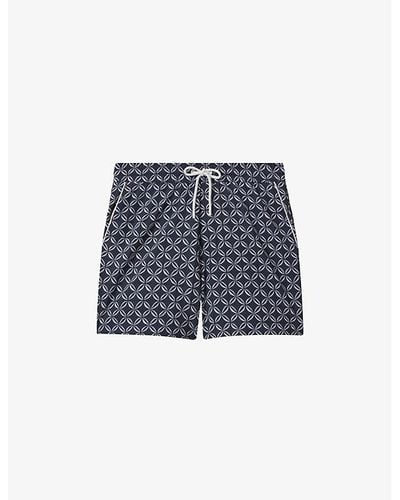 Reiss Vy/white Fraser Geometric-print Drawstring-waist Stretch Recycled-polyester Swim Shorts - Blue
