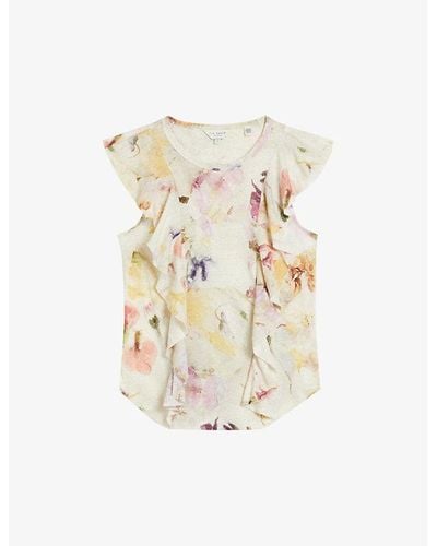Ted Baker Maretaa Frilled-trim Cotton And Linen-blend Top - White