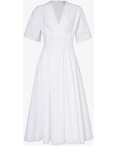 Alaïa V-neck A-line Cotton Midi Dress - White