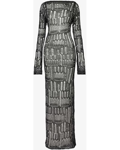 Jaded London Long-sleeved Open-back Knitted Maxi Dress - Grey