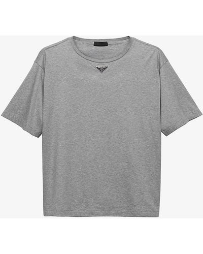 Prada Brand-plaque Oversized-fit Cotton-jersey T-shirt - Grey