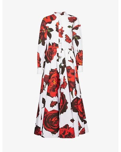 Alexander McQueen Floral-pattern Cotton-poplin Midi Dress - Red
