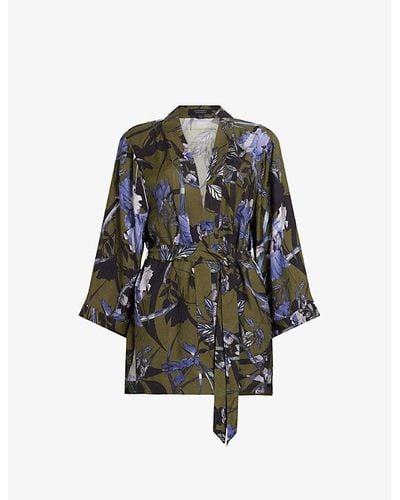 AllSaints Carina Graphic-print Batwing-sleeve Woven Kimono - Black