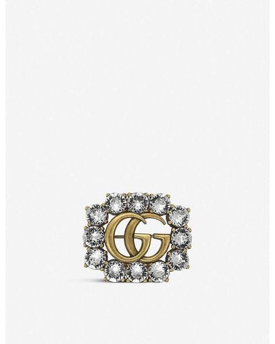 Gucci Double G Gold And Crystals Brooch - White