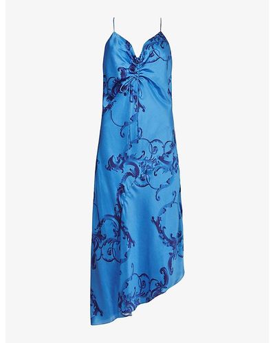 AllSaints Alexia Abstract Print Satin Midi Dress - Blue