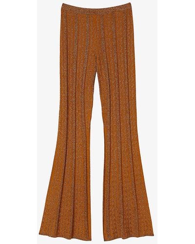 Sandro Flared-leg High-rise Metallic Stretch-knit Trousers - Brown