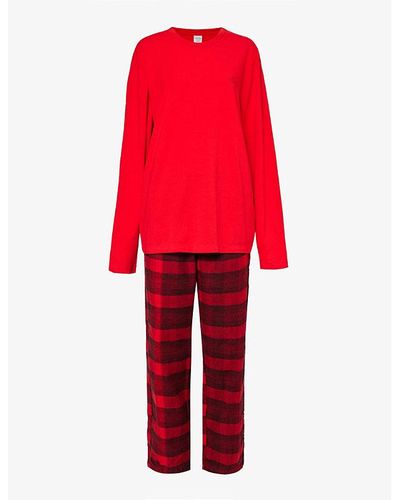 Calvin Klein Check-print Long-sleeved Cotton Pajama Set X - Red