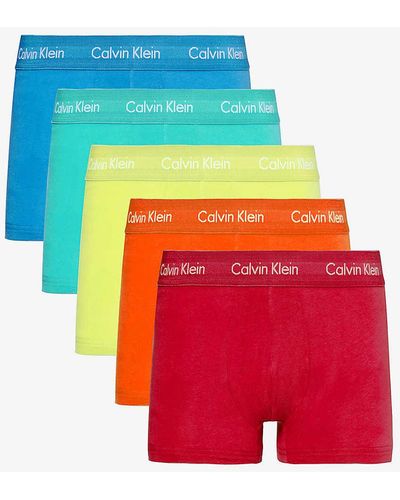 Calvin Klein Branded-waistband Low-rise Fitted Stretch-cotton Trunks Pack Of Five - Red