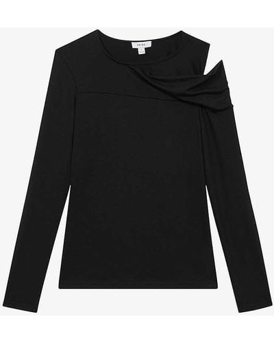 Reiss Adeline Draped-shoulder Long-sleeve Stretch-jersey Top - Black