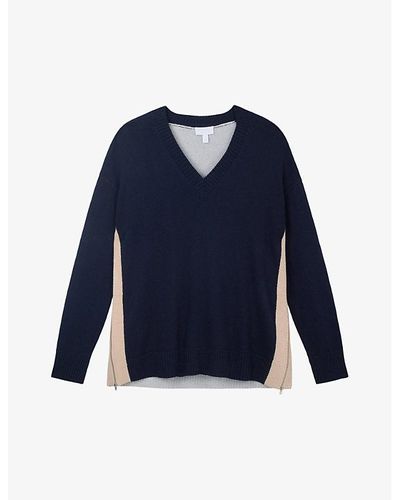 The White Company V-neck Side-zip Recycled Cotton-blend Jumper X - Blue