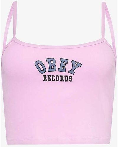 Obey University Records Slogan-print Cotton-jersey Top - Pink