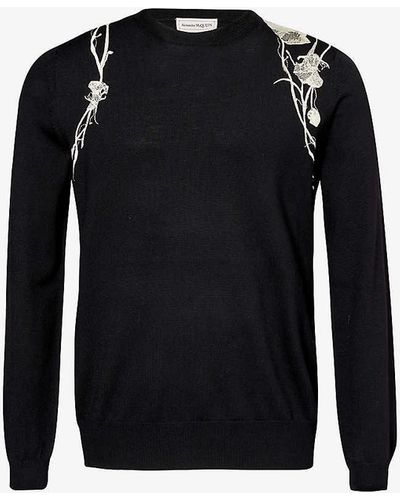 Alexander McQueen Embroidered Crewneck Wool Knitted Jumper - Black