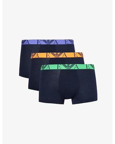 Emporio Armani Branded-waistband Pack Of Three Stretch-cotton Trunks X - Blue