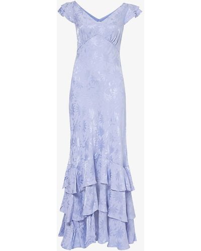 RIXO London Ossy V-neck Ruffled-hem Floral-jacquard Satin Maxi Dress - Blue