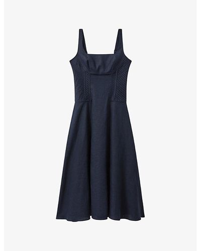 Reiss Etta Corset-stitching Linen Midi Dress - Blue
