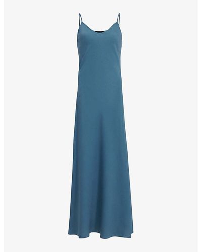AllSaints Bryony V-neck Bias-cut Recycled-polyester Midi Dress - Blue