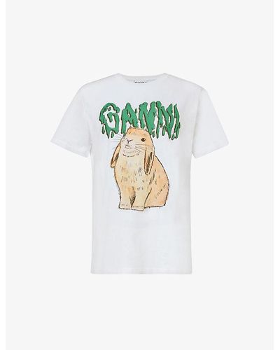 Ganni Bunny Graphic-pattern Organic-cotton T-shirt - White