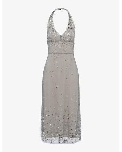 Prada Crystal-embellished Halterneck Tulle Midi Dress - Gray