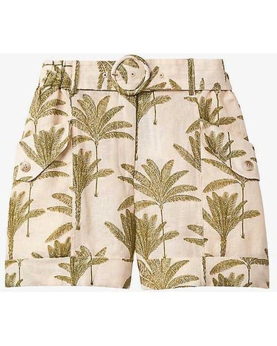 Reiss Cali Palm-print Belted-waist Linen Shorts - Natural