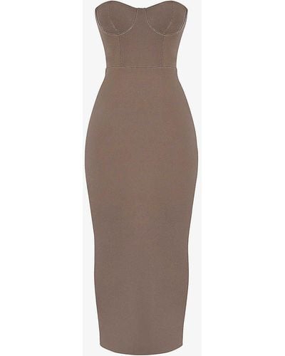 House Of Cb Lucia Corseted Stretch-woven Maxi Dress - Brown