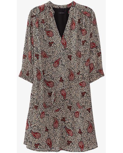 IKKS Paisley-print V-neck Woven Mini Dress - Brown