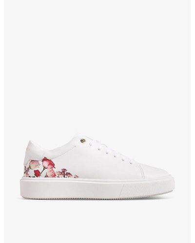 Ted Baker Lorny Floral-print Platform-sole Leather Low-top Sneakers - White