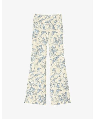 Sandro Floral-print High-rise Linen-blend Pants - White