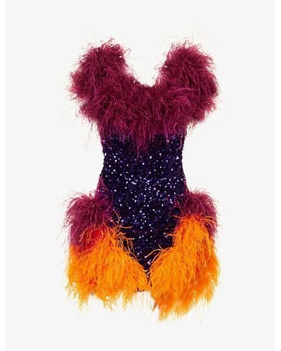 Germanier Sequin-embellished Faux Feather-trim Upcycled Woven Mini Dress - Orange
