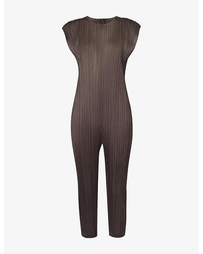 Pleats Please Issey Miyake Round-neck Sleeveless Knitted Jumpsuit - Brown