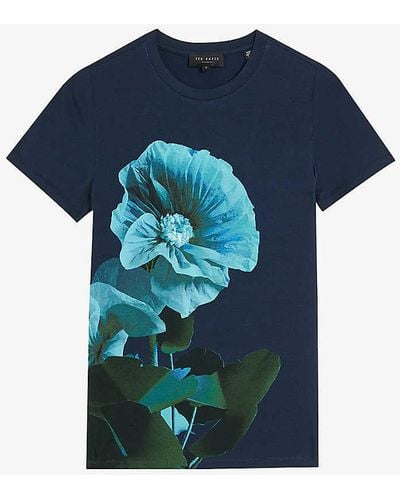 Ted Baker Meridi Floral-print Stretch-jersey T-shirt - Blue