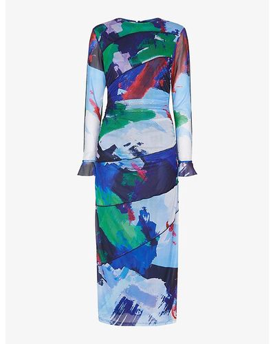 Whistles Brushmark Graphic-print Stretch-mesh Midi Dress - Blue