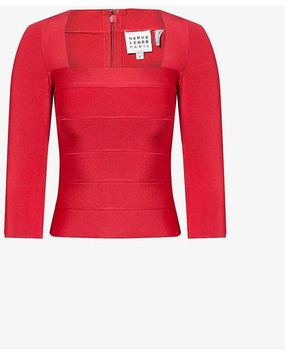Hervé Léger Ribbed-knit Slim-fit Stretch-rayon Knitted Top - Red