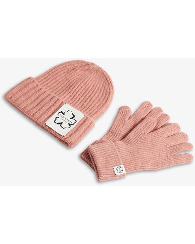 Ted Baker Britnys Branded-tab Knitted Hat And Gloves Set - Pink